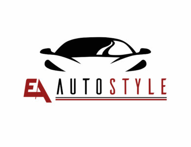 Auto style car logo design with concept sports vehicle icon silhouette on light grey background. Vector illustration.